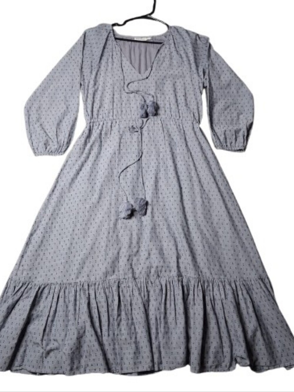 Roller Rabbit Dress M Gray Boho Tiered Long Sleeve V-Neck Cotton Midi Summer